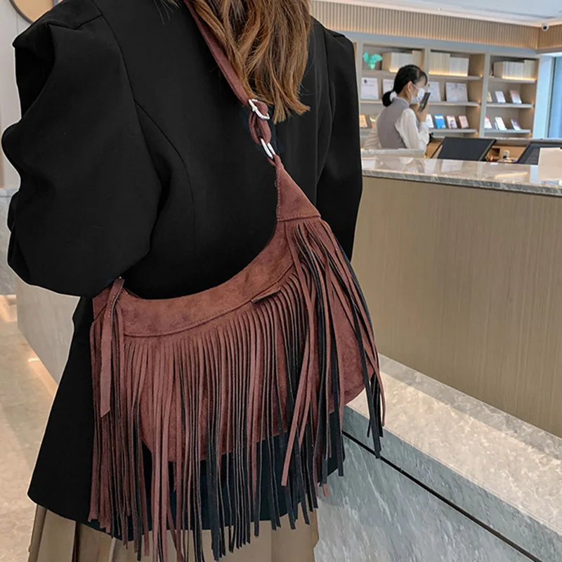 Fashion Vintage Suede Fringe Crossbody Bag, Boho Style Shoulder Bag, Tassel  Decor Square Purse Casual Messenger Bag For Travel & Every Day, Portable