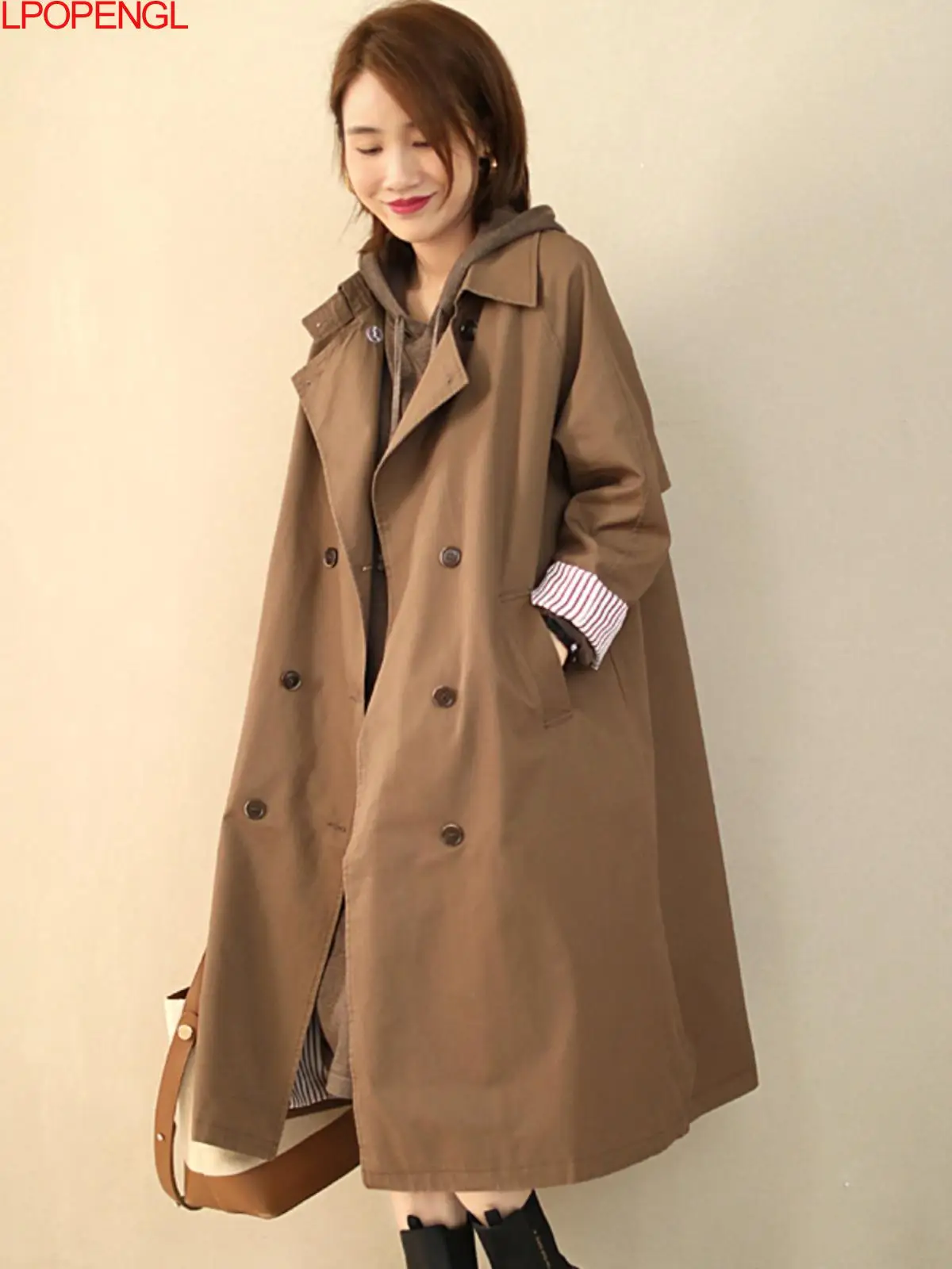

Women Autumn And Winter Art Vintage Double Breathed Mid Length Windbreaker Loose Solid Sleeve Streetwear Long Coat
