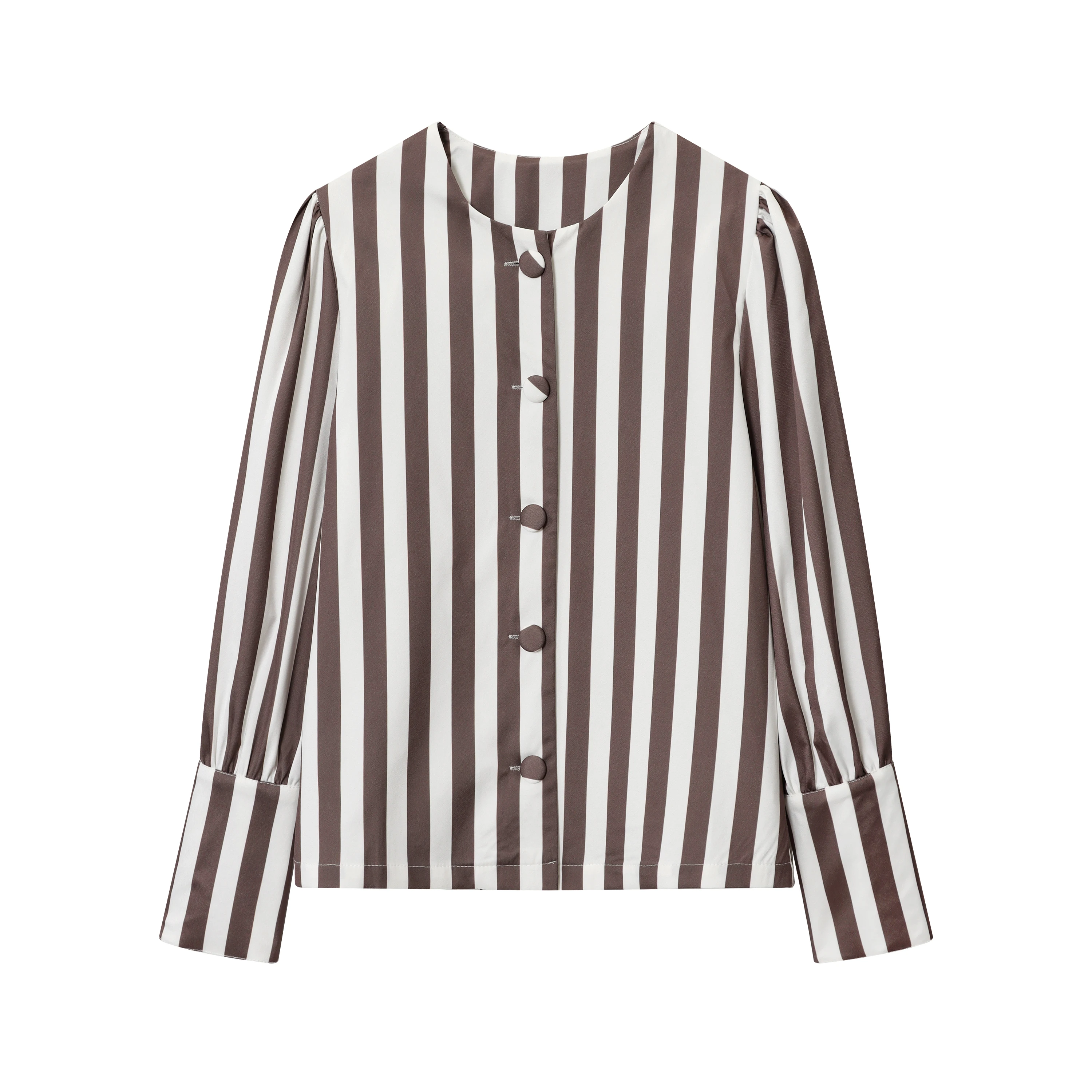 2025 Autumn New Female Chic Blouse Women's Loose Fit Striped Print Shirt O-neck Puff Sleeve Single Breasted Simple Casual Top