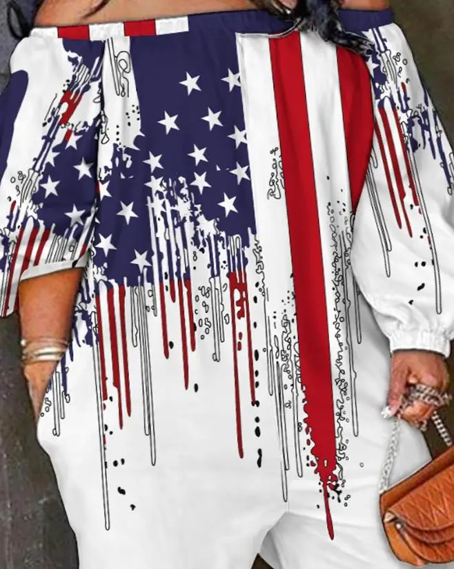 Women's Summer Jumpsuit One Shoulderl Ong Sleeved,neckline Up, Large Size, Independence Day Flag Print Off The Shoulder Jumpsuit