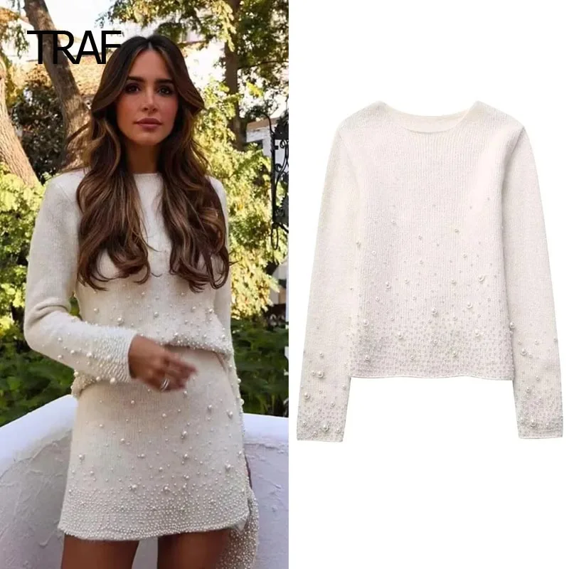 

TRAF Rhinestones Knitted Pullovers Women's Sweater Autumn Winter Cropped O-Neck Long Sleeve Top Elegant Warm Sweaters For Women