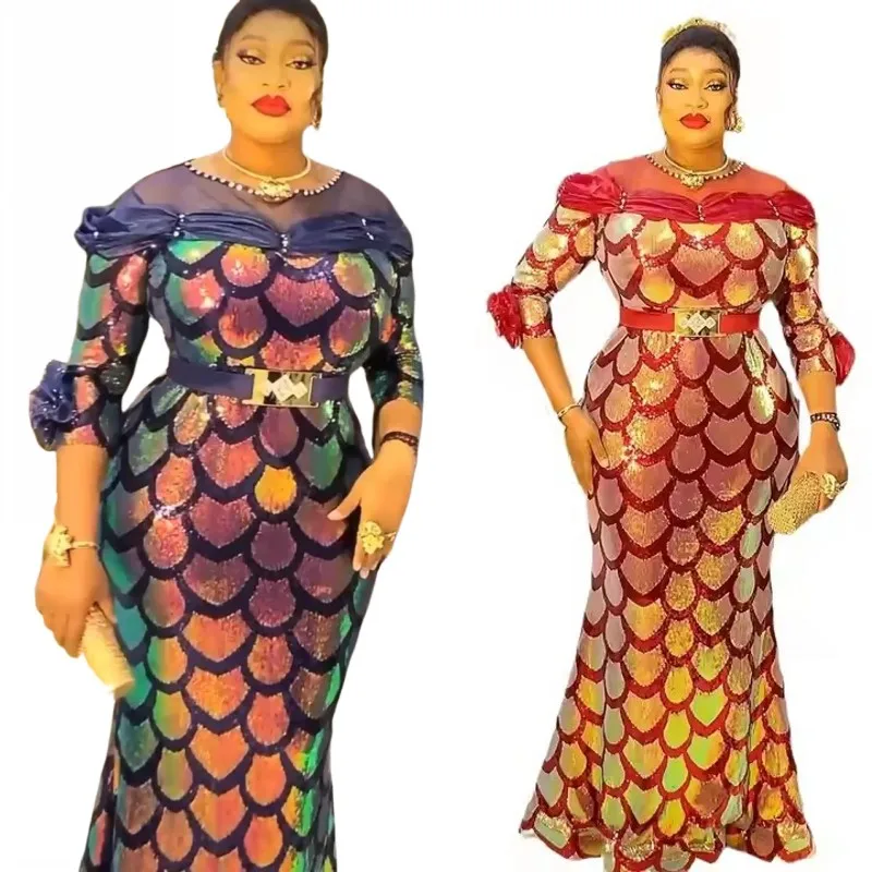 African Wedding Party Gowns Dashiki Elegant Short Sleeve Maxi Robe Sequin Luxury Bodycon Long Dress for Women Nigerian Christmas