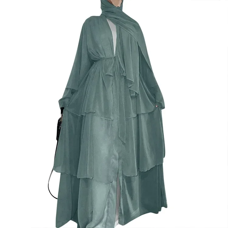 3 Layered Chiffon Abaya Kimono Summer Kaftan Robe Turkey Muslim Hijab Dress Ramadan Open Abayas for Women Dubai Islamic Clothing