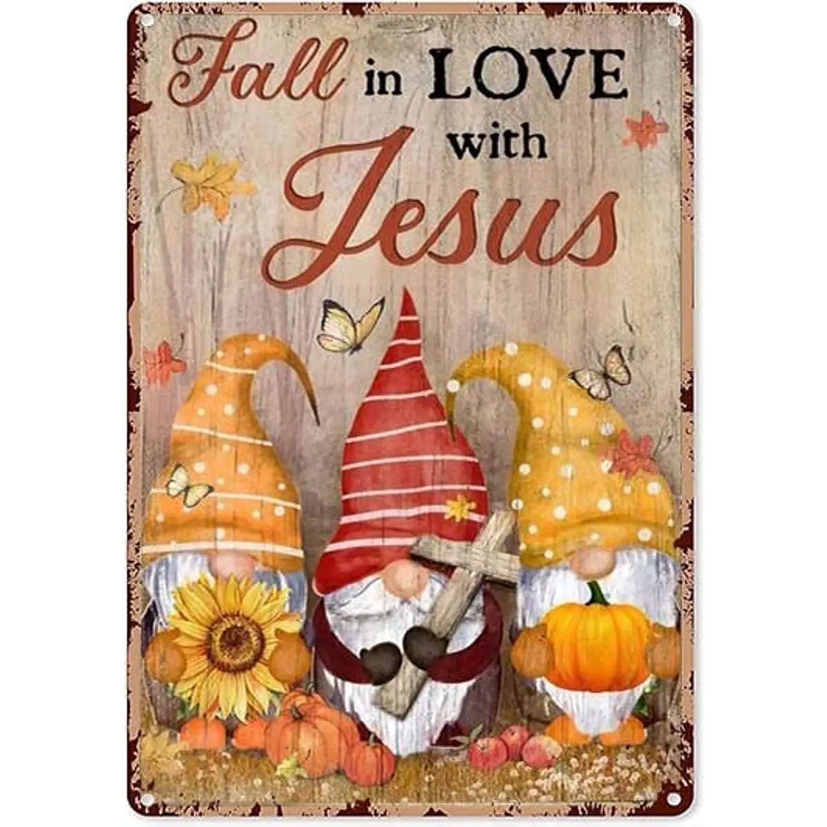 

Creative Tin Sign Autumn Gnome Fall In Love with Jesus Vintage Wall Decor Retro Art Tin Sign Funny Decorations for Home Bar Pub