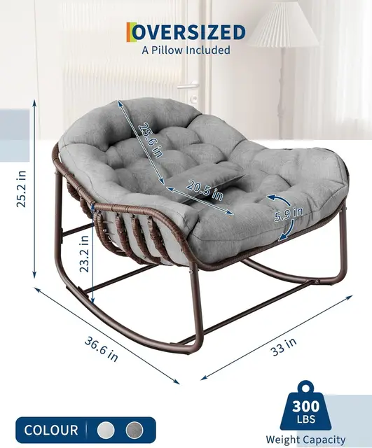 Oversized Rocking Chair,Wicker Rattan Relax Chair with Water-Resistant Cushion Sturdy Metal Frame for Sensory Comfort
