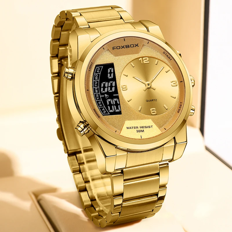 FOXBOX New Gold Quartz Wristwatch For Men Fashion Military Sport Waterproof Watch Men Top Brand Luxury Dual Display Watch Men 3