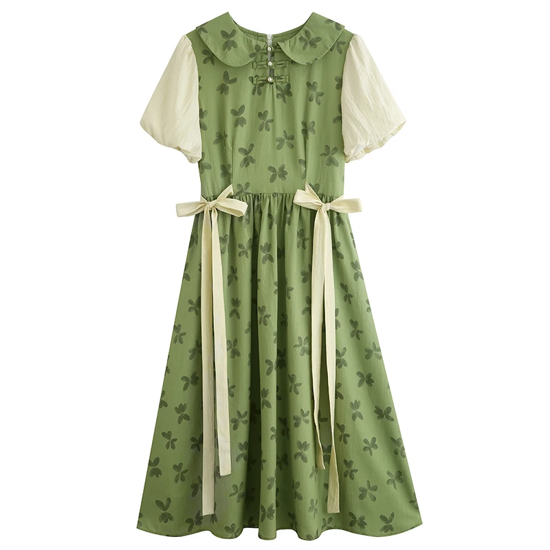 

2023 Summer New Short Sleeves Floral Dress Improved Buckles Retro Ancient Chinese Elements Female Clothing Free Shipping