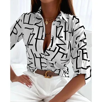 Autumn Fashion Long Sleeve Shirt Blouse Women Office Elegant Button Pocket Top Casual Loose Sprited Print Shirts For Women 2024