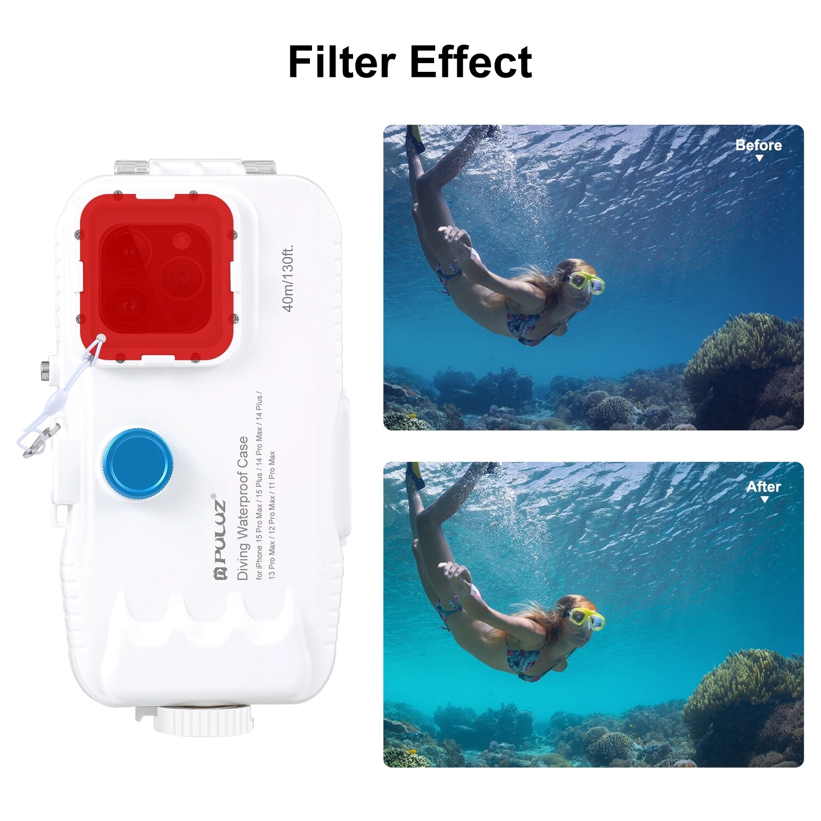 PULUZ 40m/130ft Waterproof Diving Case For iPhone 15 Pro Max 14 13 12 11 with One-way Valve Photo Video Taking Underwater Housin