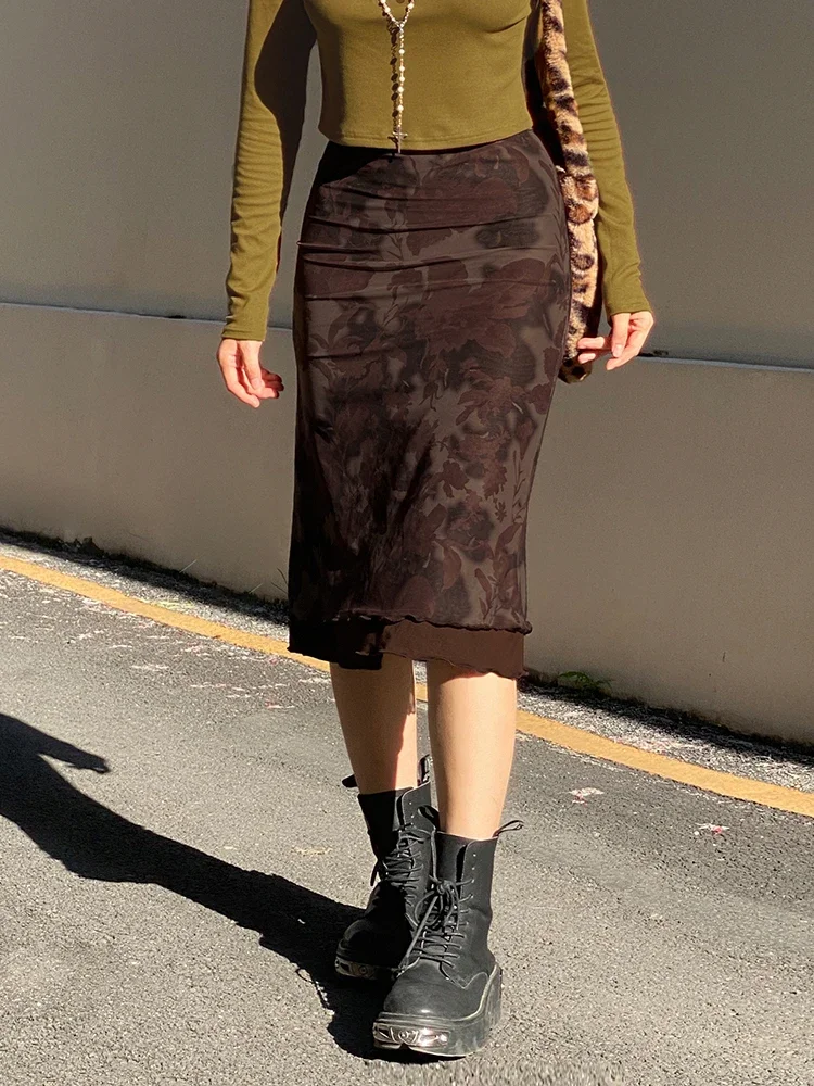 

2023 Harajuku Vintage A Line Midi Skirts Gothic Aesthetic Summer Low Waist Skirt Women Summer Floral Print 90s