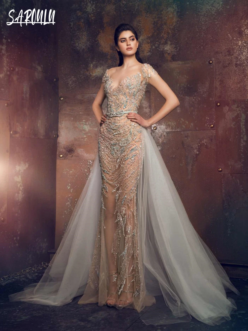 Delilah Sexy Profundo Escote En V Vestido Con Apertura Salvia