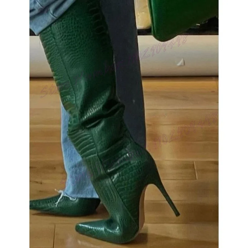 

Green Crocodile Skin Knee High Boots Pointed Toe Shoes for Women Stilettos High Heels Sexy Lady Shoes 2024 Zapatos Para Mujere