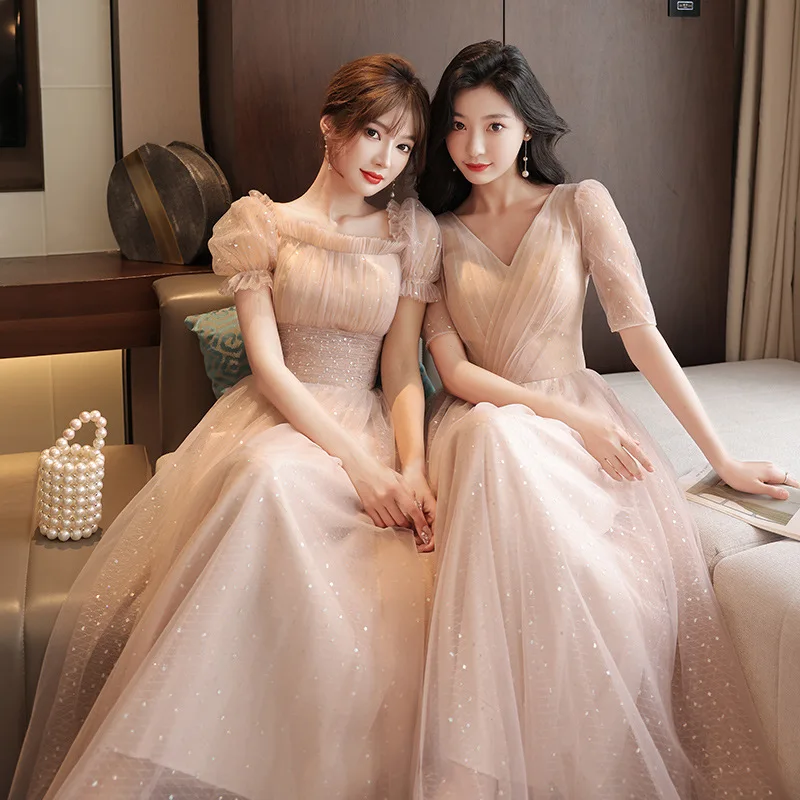 

4 Styles Pink Bridesmaid Dress Sequin Tulle Slim Sister Group Dresses Ankle-Length A-Line Sweetheart Collar Wedding Party Gown