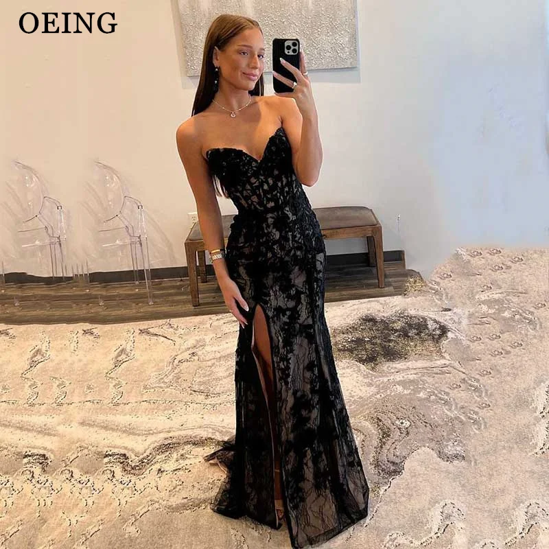 

OEING Charming Mermaid Prom Dress Sweetheart Black Lace Long Evening Dress with Slit Special Occasion Gown Vestidos De Noche