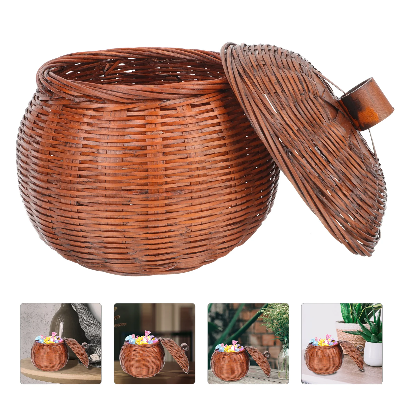 

Rattan Storage Basket Pumpkin Shaped Round Wicker Box Small Woven Organizer Bin Lid Handmade Candy Gifts Basket Trash Can With