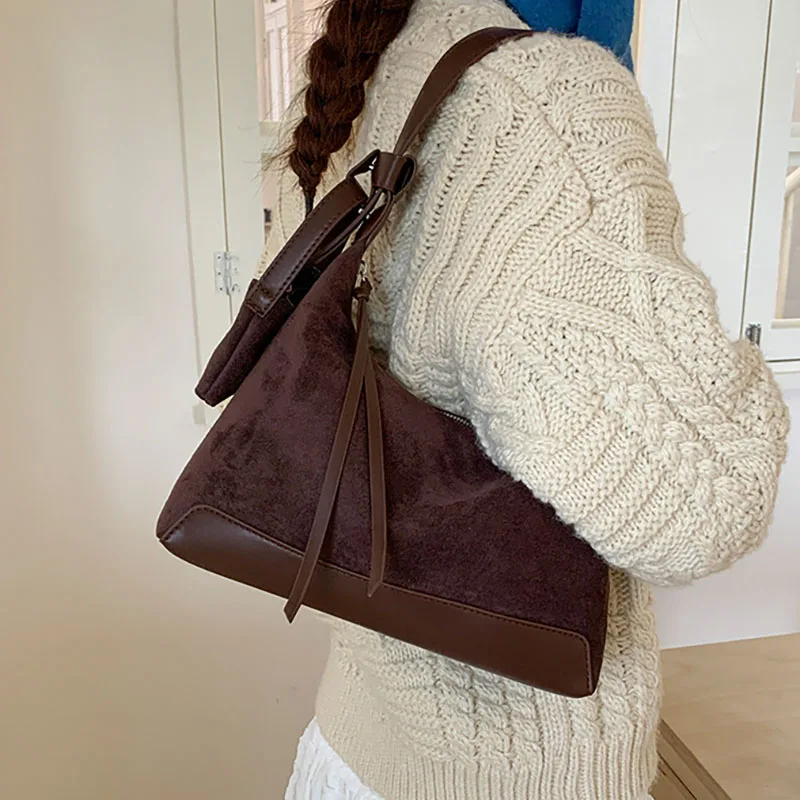 Korean Retro Pu Armpit Bag Suede Tote Bag Casual Commuting Women'S Large Capacity Shoulder Crossbody Bag