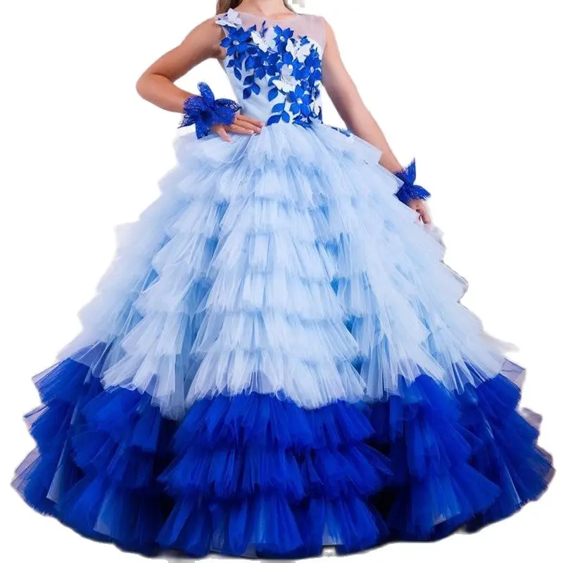 

New Hand Made Custom Baby Girls Birthday Skirt With 3D Flowers Sheer Neck Mother Daughter Gowns Kids Pageant Flower Girl Dresses