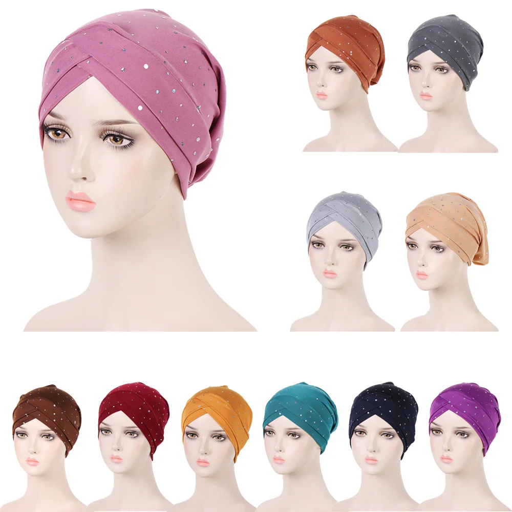 

Women Stretchy Turban Hat Cross Head Wrap Hijab Cap Diamonds Solid Color Soft Headscarf Fashion Muslim Hats Scarf High Quality