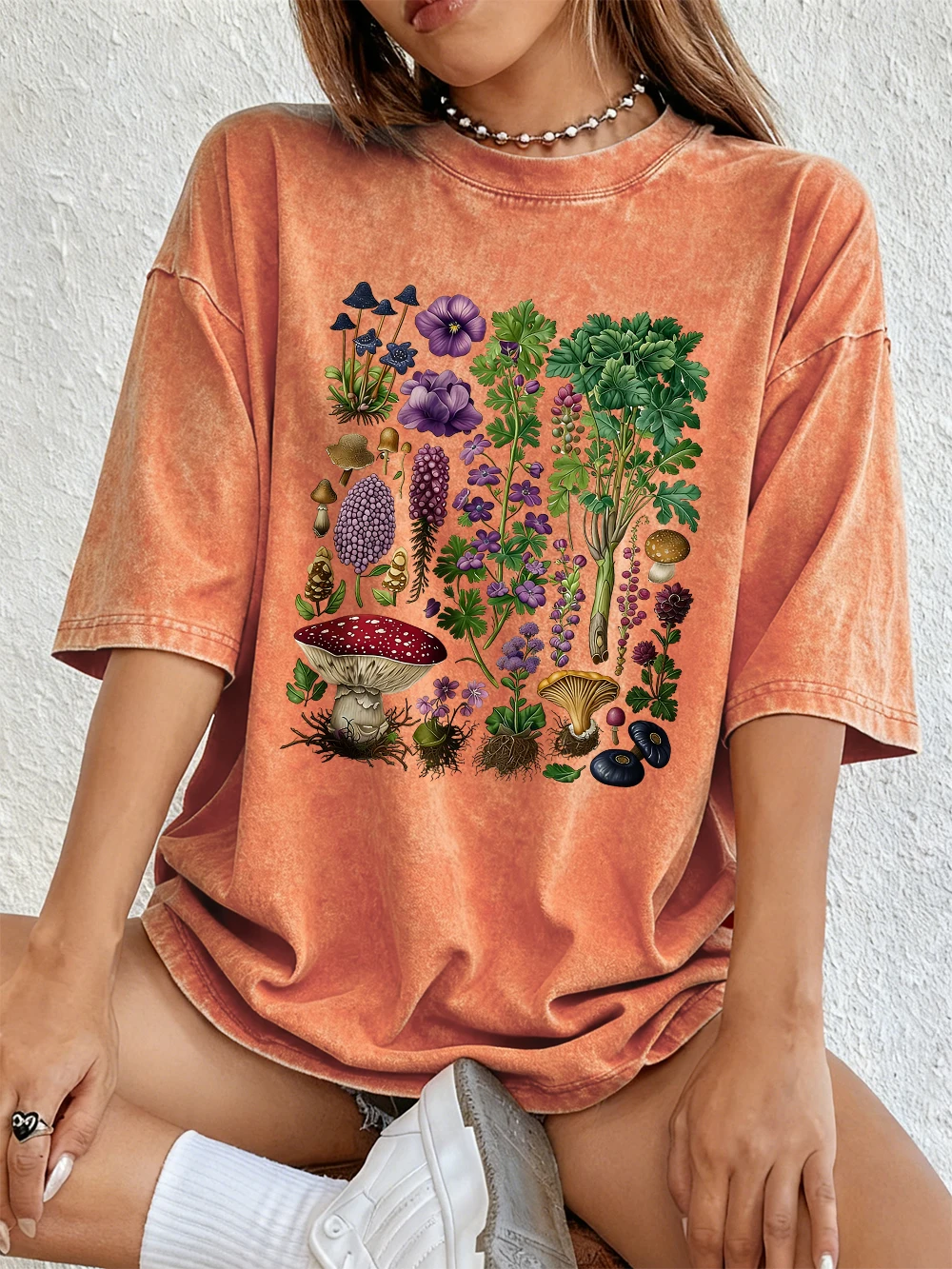 Floral & Mushroom Print Oversized Cotton T-Shirt - Women's Casual Summer Top