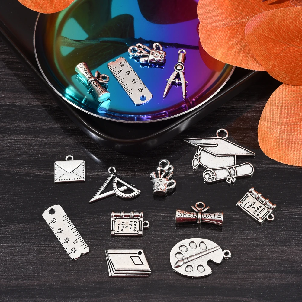 PandaHall 100pcs School Theme Charms Tibetan Graduation Cap Student School Antique Silver Teacher Charms for Jewelry Making