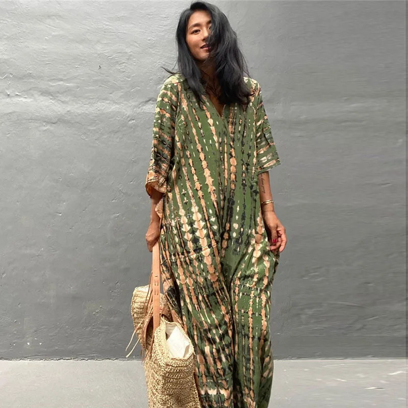 Fashion Casual Striped Print Long Dresses Women Bohemian V-neck Bat Sleeve Loose Slit Beach Dress Summer New Beachwear Vestidos 70 Fashion Casual Striped Print Long Dresses Women Bohemian V-neck Bat Sleeve Loose Slit Beach Dress Summer New Beachwear Vestidos