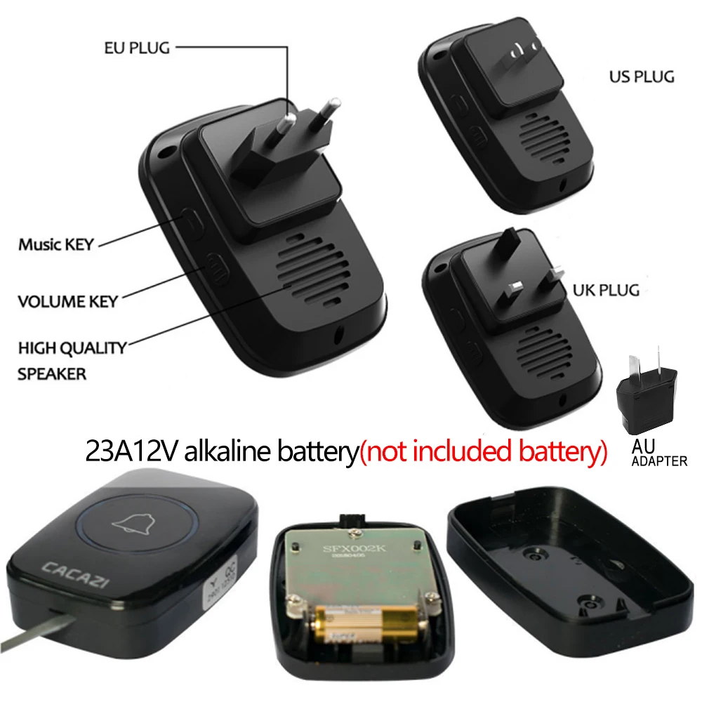 CACAZI Wireless Doorbell 60 Chimes 5 Volume Waterproof buttons 300M Remote Led light Home Smart Doorbell US EU UK Plug Receiver