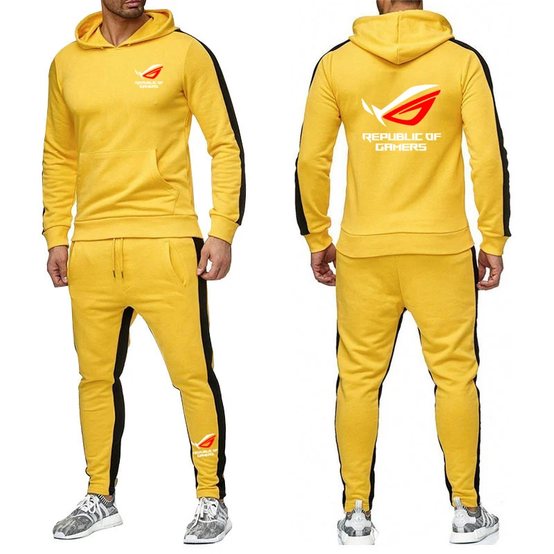 Men ROG Republic Of Gamers Tracksuit Hoodies Solid Color Thick Pullover Long Pant 2-piece Set Autumn Fleece Jogger Sports Suit 5