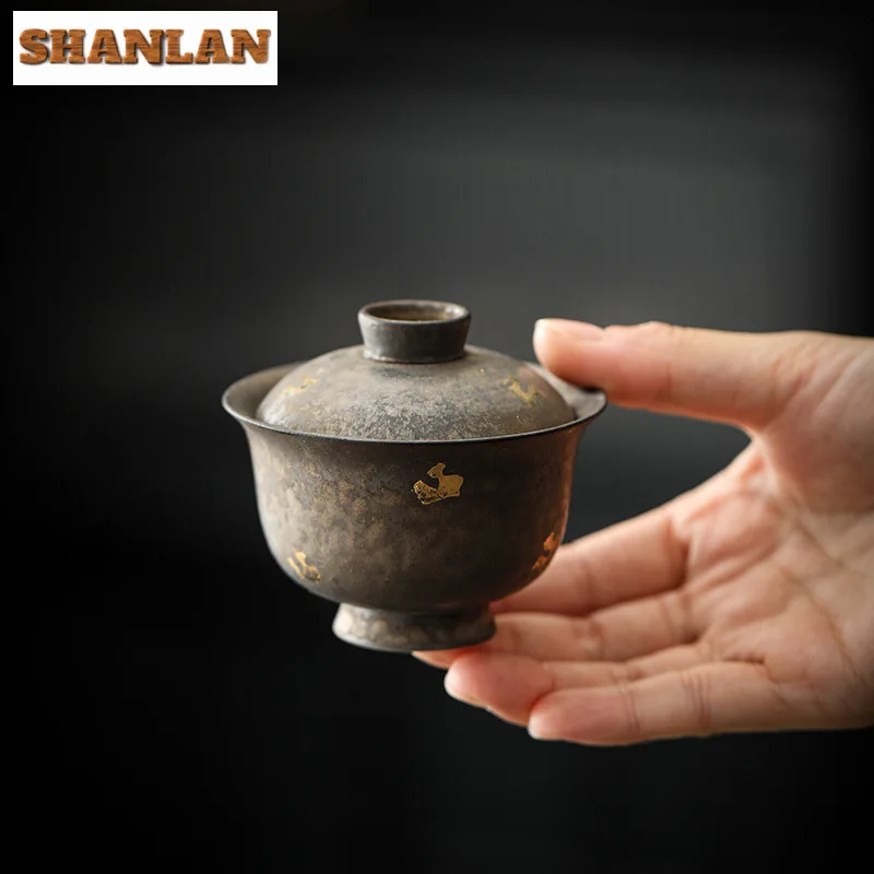 Handmade Rust Glazed Coarse Pottery Gaiwan Japanese Sprinkle Gold Tea Lid Set Tea Tureen Maker Cover Bowl Ceremony Gifts