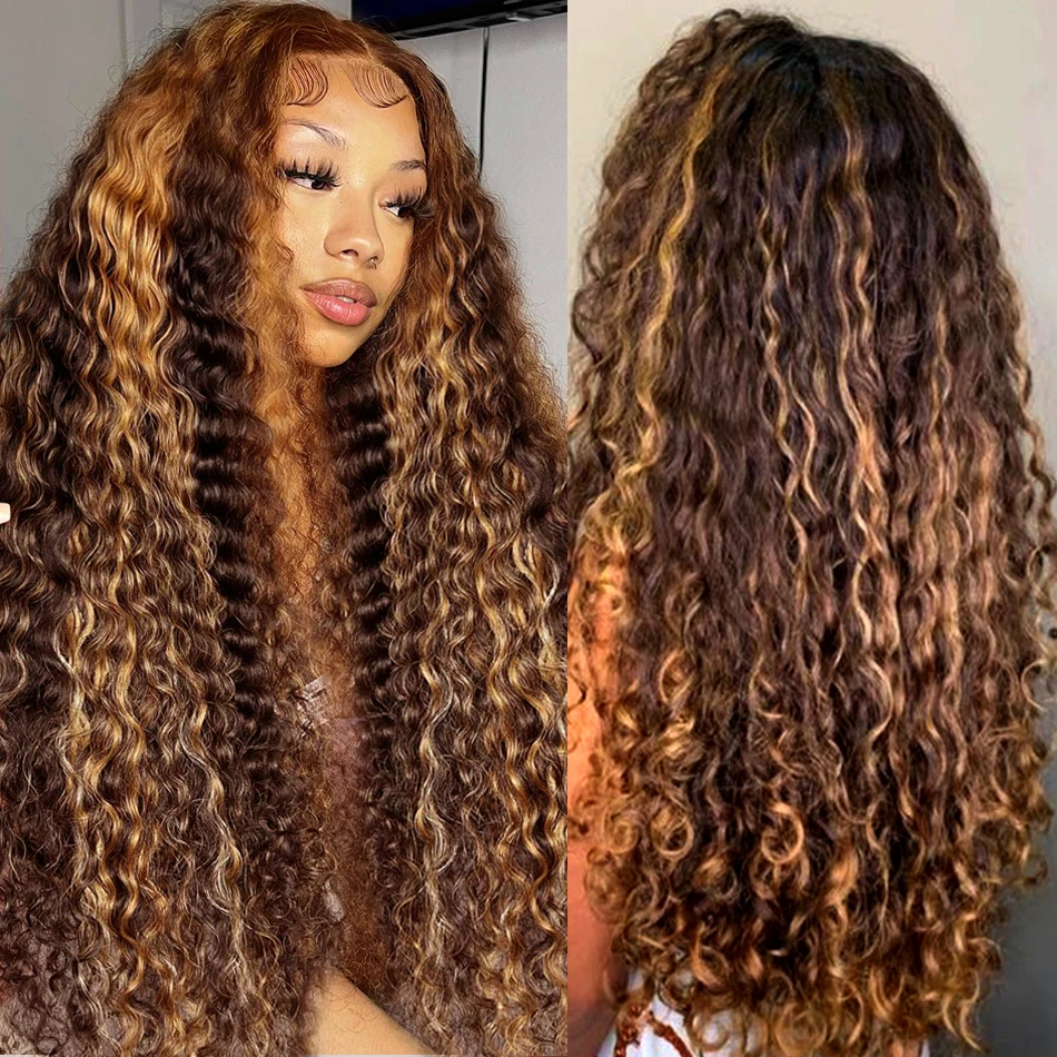 30 Inch 250 Density Highlight Honey Brown Curly Lace Front Human Hair Wigs 13x6 13x4 Ombre Colored Deep Wave Lace Frontal Wig 3