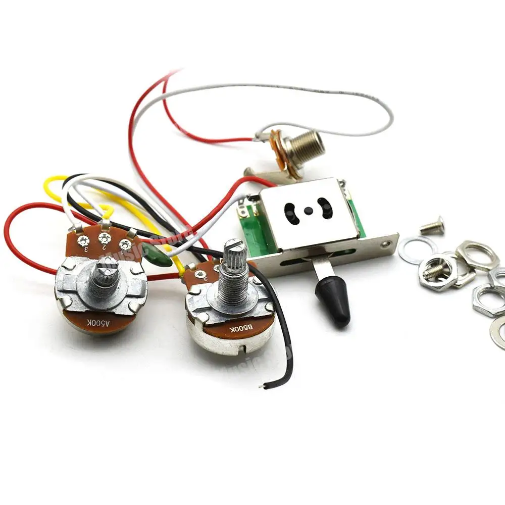 3 Pickup Guitar Wiring Harness Prewired A500K B500K Big Pots 3/5 Way Switch 1 Volume 1 Tone Black-White
