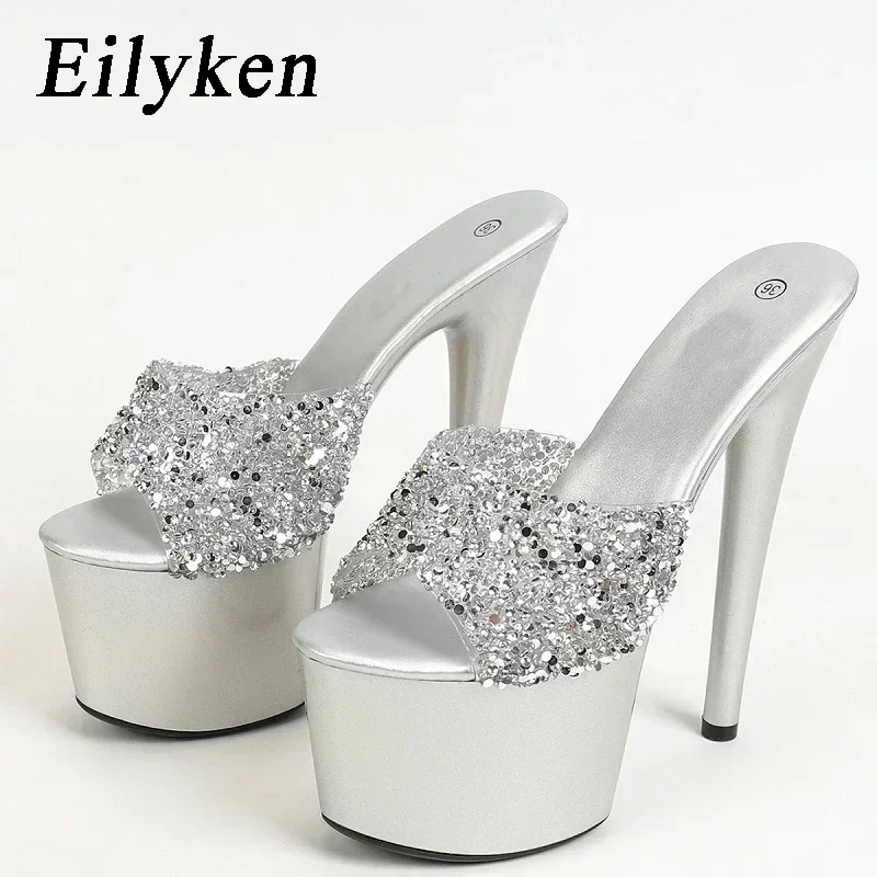 

Eilyken Sexy Style Sequin Cloth Women Slippers Design Platform Thin High Heels Shoes Stripper Slide Zapatos Mujer