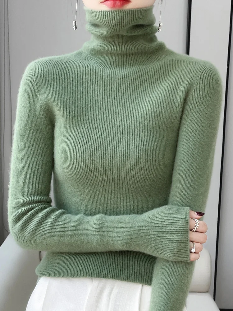 Damski sweter z golfem jesienno-zimowym prosta wąska sweter z miękkiej dzianiny 100% z wełny merynosów koreańskie popularne topy na ubrania