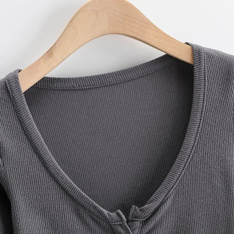 Slim V-neck Long Sleeve Bottomed Womens Tops And Blouses High Street Solid Color Open Navel Cardigan