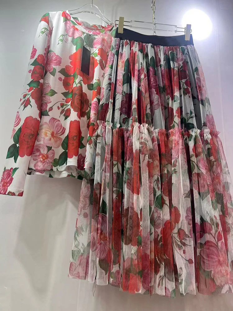 Retro mesh elastic long-sleeved top spring and summer new elastic waist big swing skirt fashion print women's two-piece dress 4