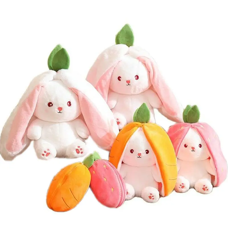 

Cosplay Fruit Coat Rabbit Plush Toy Stuffed Creative Bag into Strawberry Carrot Transform Baby Cuddly Bunny Plushie Doll For Kid