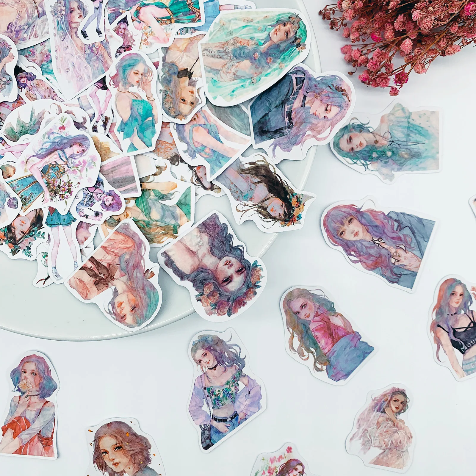 50PCS Vintage Cute Hand Painted Girl Stickers DIY Scrapbooking Collage Phone Diary Album Gift Seal Decoration