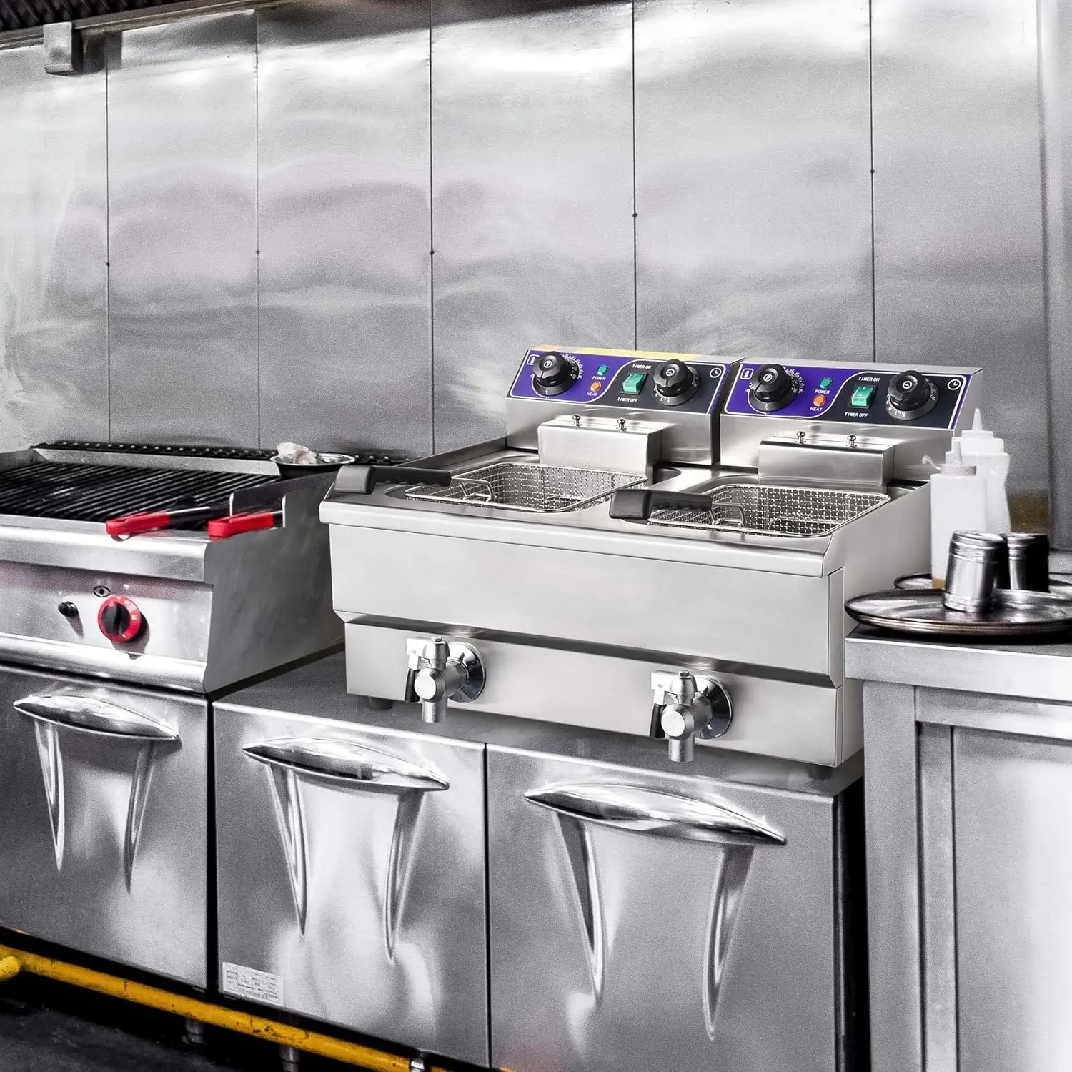 WeChef Commercial Electric Deep Fryer 23.4L 3000W Fryer w/Time Control and Oil Filtration Dual Removable Basket Stainless Steel
