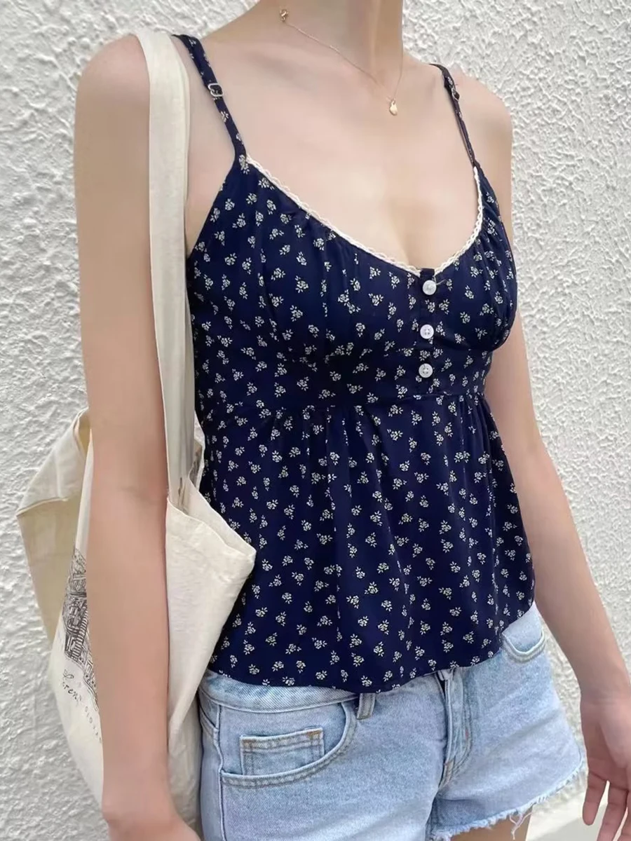 

Sweet Blue Floral Print Buttons V-neck Tank Tops Ladies Cotton Casual Aesthetic Sleeveless Vests Female Cute Vintage Camis Y2K