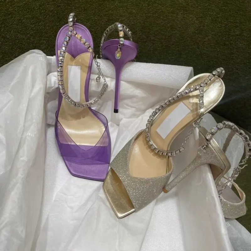 Women's Sandals 2023 Summer New High Heel Fashion Banquet Crystal Rhinestone Chain Square Head Thin Heel Open Toe Roman Sandals