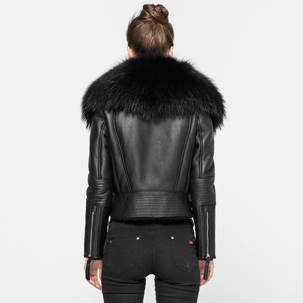 New Shearing Leather Jackets Winter Big Real Fur Collar Sheepskin Double Face Crop Coat7009