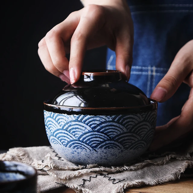 WHJY Vajilla japonesa creativa de cerámica pintada a mano con tapa para  sopa y fideos, con función de preservación del calor, cuenco y tapa – Yaxa  Store
