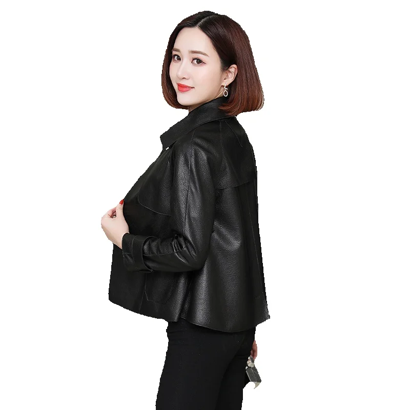 

Spring New Genuine Leather Coat Women's Short Sheepskin Flip Collar Bubble Leather Jacket Casual Coat Women's