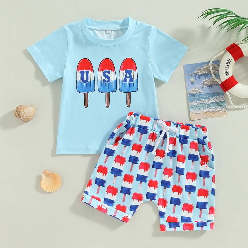 

2023-02-20 Lioraitiin 0-4years Independence Day Baby Boys Outfits Summer Popsicle Print Short Sleeve T-shirt Shorts Set