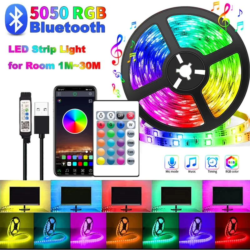 

USB лампы для украшения комнаты, RGB лента SMD5050, неоновые лампы, Bluetooth управление, лампы-полоски 3 м, 5 м, 10 м, 15 м, 20 м, 30 м