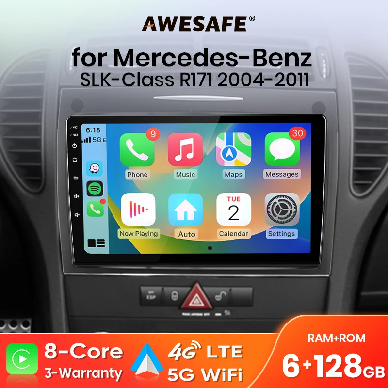 AWESAFE Radio para coche con Android Auto para Mercedes Benz SLK-Class R171 2004 2005-2011, sistemas inteligentes multimedia inalámbricos CarPlay, pantalla táctil IPS, reproductor de vídeo estéreo, 2 Din, autorradio, unidad principal, navegación, BT, GPS, 4G, WIFI, FM, DSP, RDS, SWC 1