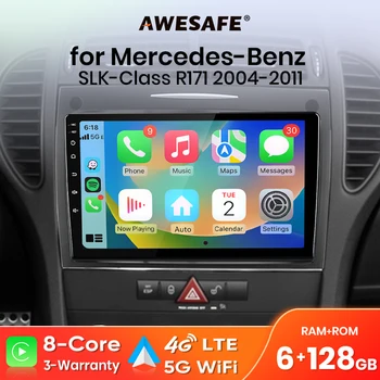 AWESAFE Radio para coche con Android Auto para Mercedes Benz SLK-Class R171 2004 2005-2011, sistemas inteligentes multimedia inalámbricos CarPlay, pantalla táctil IPS, reproductor de vídeo estéreo, 2 Din, autorradio, unidad principal, navegación, BT, GPS, 4G, WIFI, FM, DSP, RDS, SWC 1