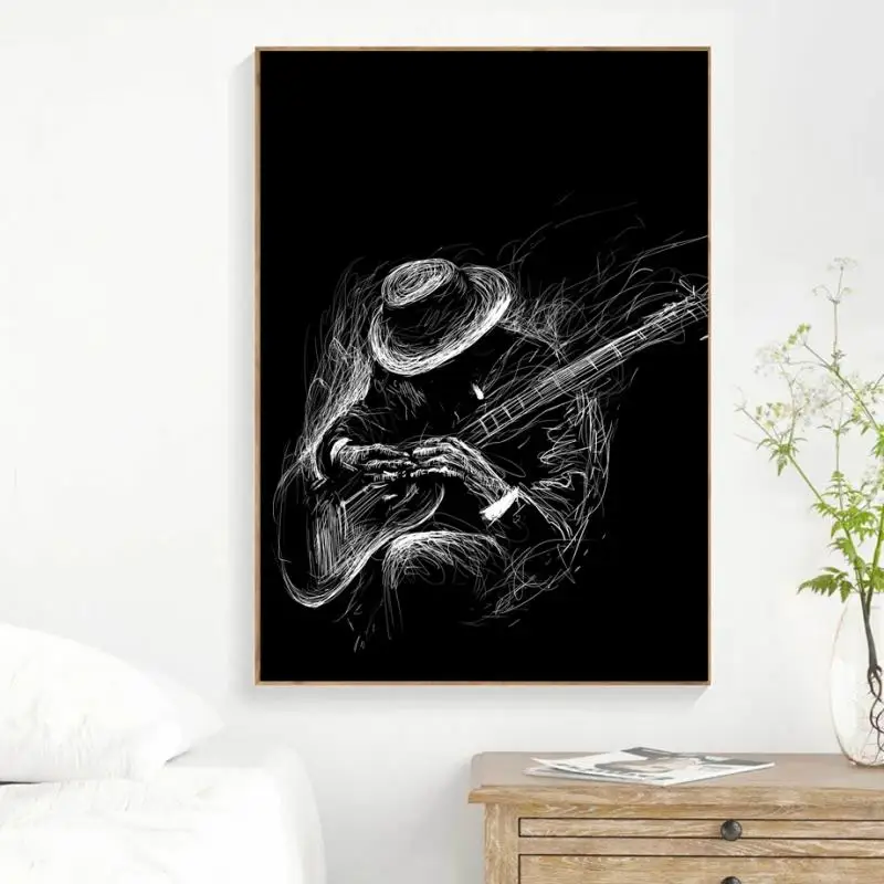 

Modern Wall Art Guitarist Black White Figure Canvas Painting Minimalist Abstract Poster Home Decor For Living Room Bedroom Mural