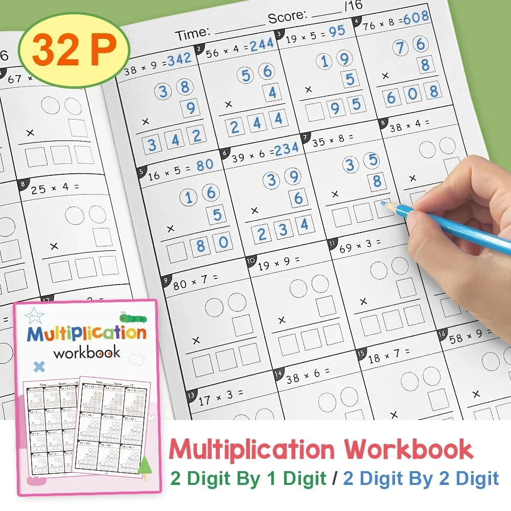 Educational Learning Toy 32 Pages Child 2 Digit Math Multiplication Exercise Book Math Arithmetic Practice Workbook for Grade 3-5 of Primary School