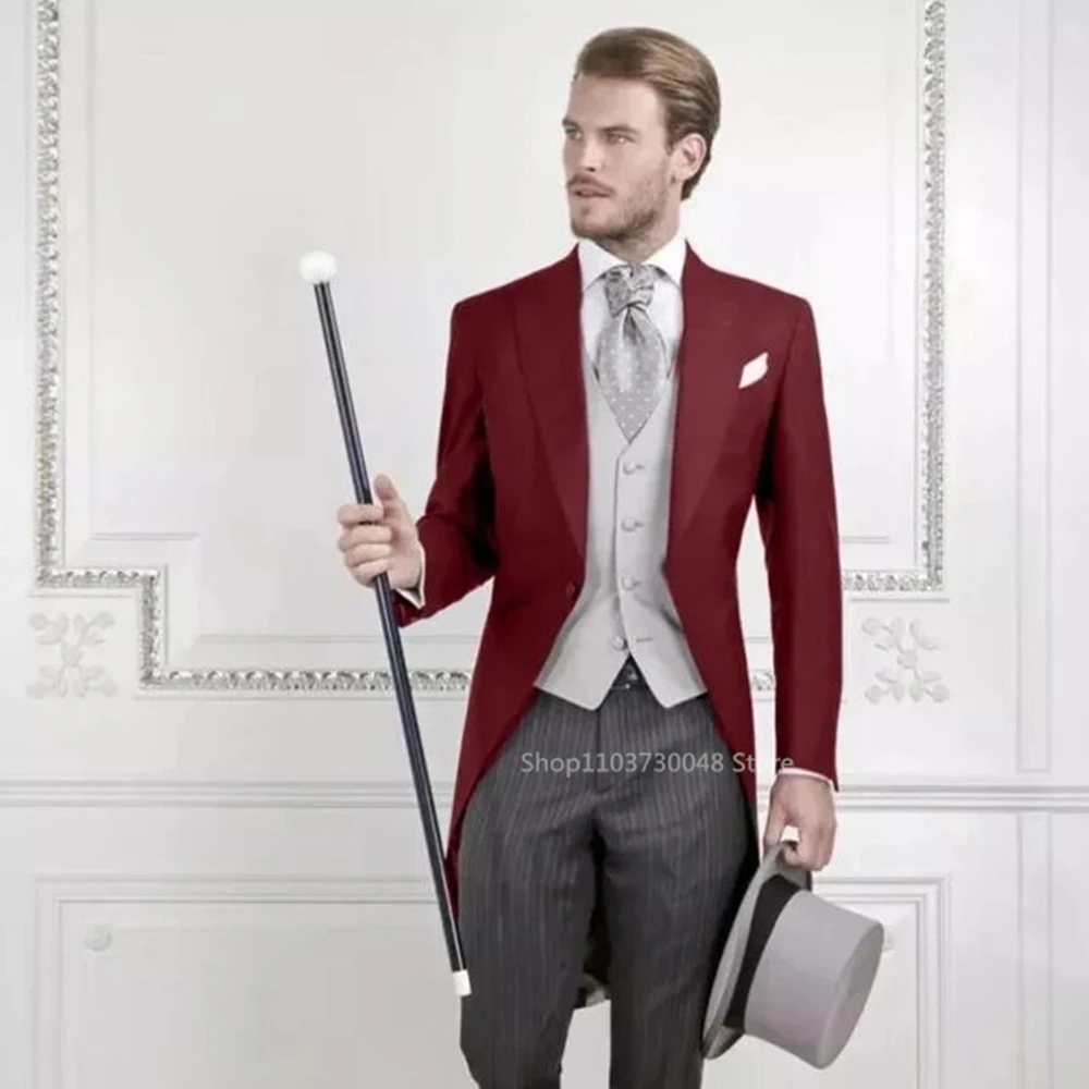 Solid Men's Tailcoat Suit Set Groom Tuxedos for Men Wedding Suit Peak Lapel Blazers Vest Pants 3 Pcs Set Dress for Party Prom