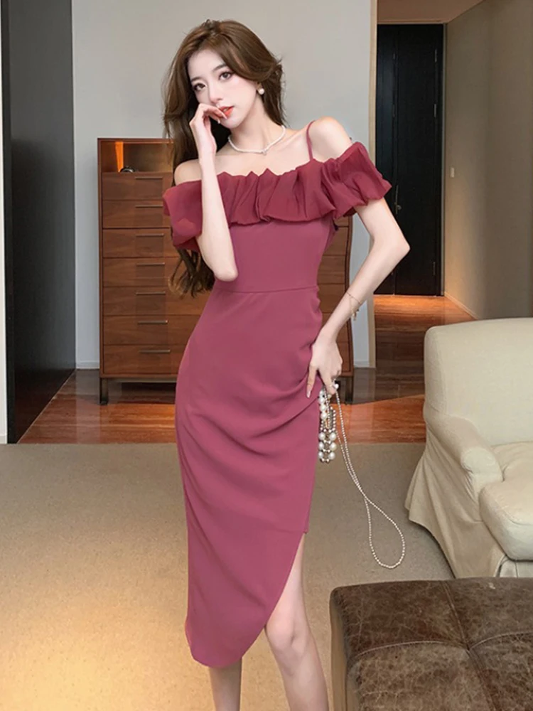 

Red Boho Slim Off Shoulder Ruffle Edge Retro Split Dress Ladies Summer Elegant Evening Party Backless A-line Sundress Women Chic